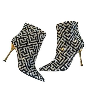 INC Black White Maze Rakima Geometric Pointed Toe Gold Heeled Women's Boots 8